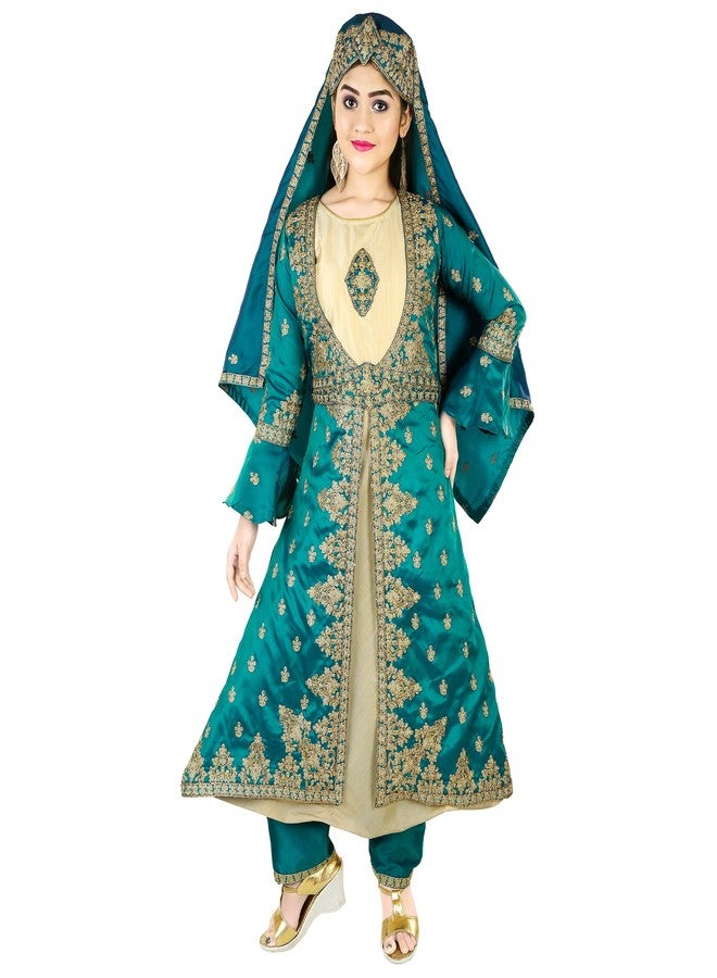 Aura Halima Sultan Embroidered Gown with Cap and Belt and Jacket (Blue, 13-14 Years) - Image 1
